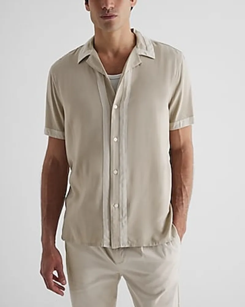 Bordered Rayon Short Sleeve Shirt Neutral Men's XS