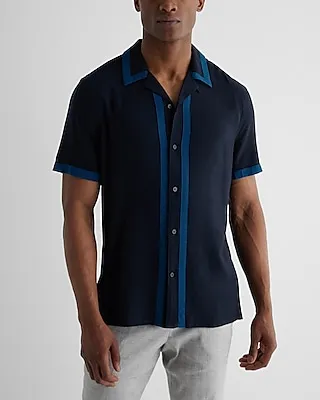 Bordered Rayon Short Sleeve Shirt Blue Men's XL