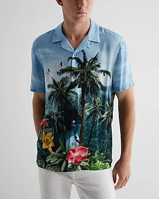 Tropical Landscape Rayon Short Sleeve Shirt Blue Men's M