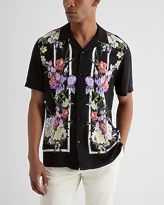 Bordered Floral Rayon Short Sleeve Shirt Black Men's S
