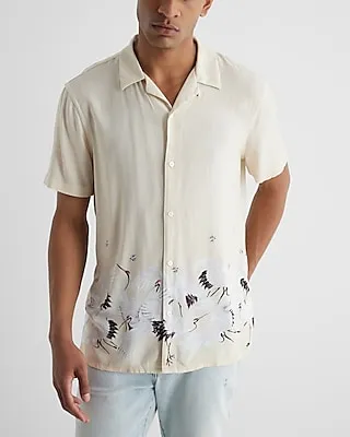 Crane Print Rayon Short Sleeve Shirt White Men's