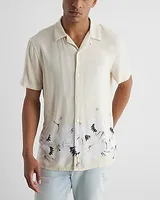 Big & Tall Crane Print Rayon Short Sleeve Shirt White Men's XXL