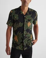 Contrast Floral Rayon Short Sleeve Shirt Black Men's XS