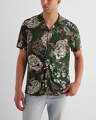 Floral Bird Print Rayon Short Sleeve Shirt