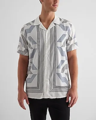 Striped Geo Rayon Short Sleeve Shirt Neutral Men's XS