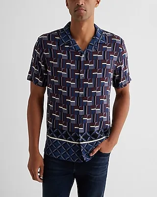 Multi Geo Bordered Rayon Short Sleeve Shirt Blue Men's XS