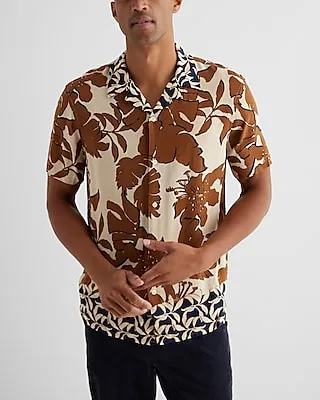 Multi Palm Print Rayon Short Sleeve Shirt Neutral Men's S