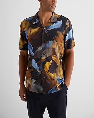 Abstract Painted Floral Rayon Short Sleeve Shirt Black Men's S