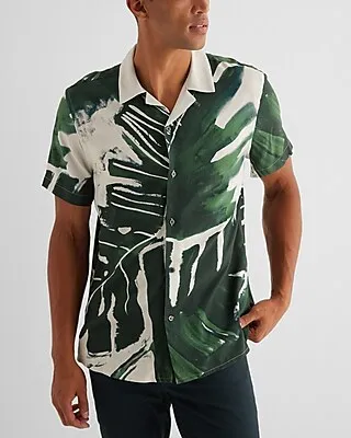 Graphic Palm Print Rayon Short Sleeve Shirt