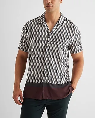 Bordered Geo Print Rayon Short Sleeve Shirt Neutral Men's XL