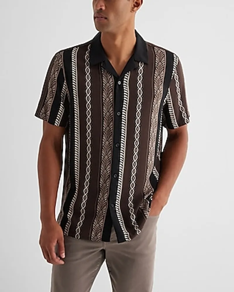 Patterned Stripe Rayon Short Sleeve Shirt Brown Men's