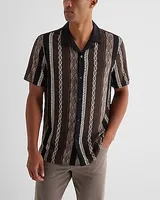 Patterned Stripe Rayon Short Sleeve Shirt Brown Men's