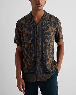 Geo Bordered Floral Rayon Short Sleeve Shirt Brown Men's XS