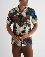 Mixed Crane Floral Stretch Cotton Short Sleeve Shirt Black Men's XS