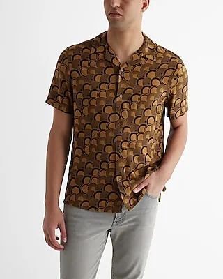 Circle Abstract Rayon Short Sleeve Shirt Brown Men's M