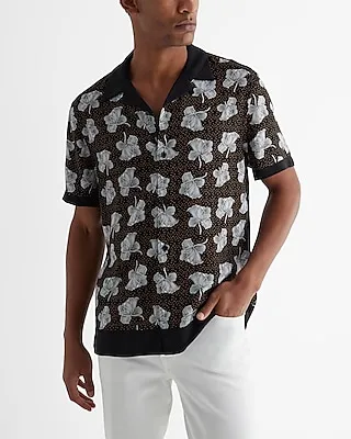 Bordered Floral Dot Print Rayon Short Sleeve Shirt Black Men's Tall