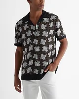 Big & Tall Bordered Floral Dot Print Rayon Short Sleeve Shirt Black Men's XXL