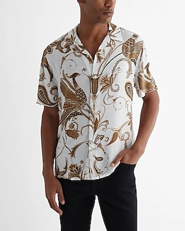 Express Parrot Print Rayon Short Sleeve Shirt Men's