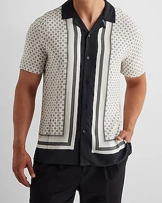 Striped Frame Geo Rayon Short Sleeve Shirt White Men's S