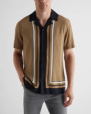 Striped Frame Geo Rayon Short Sleeve Shirt Brown Men's