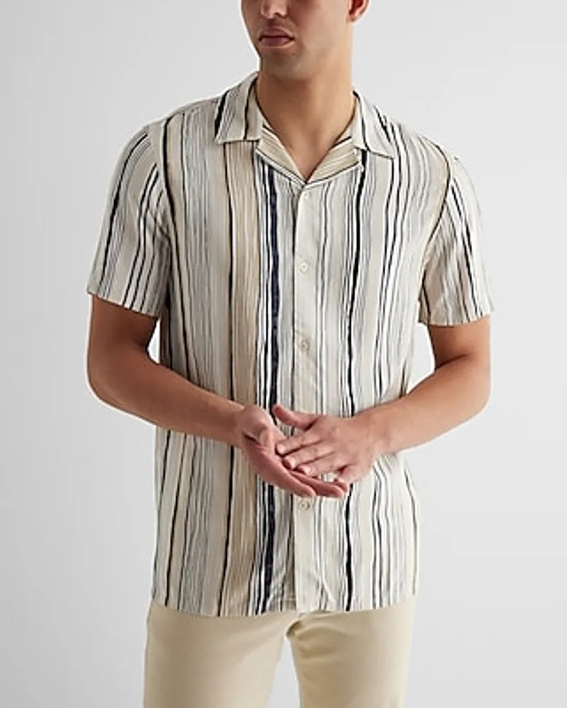 Painted Stripe Rayon Short Sleeve Shirt White Men's XS