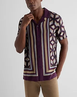 Striped Border Geo Rayon Short Sleeve Shirt Purple Men's XL Tall