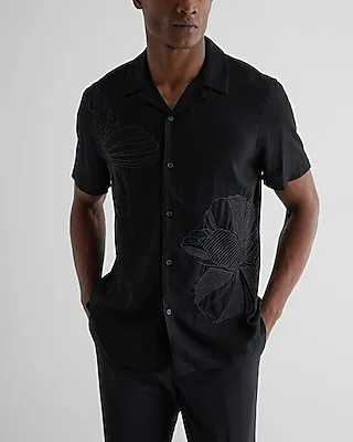 Floral Embroidered Rayon Short Sleeve Shirt Men's