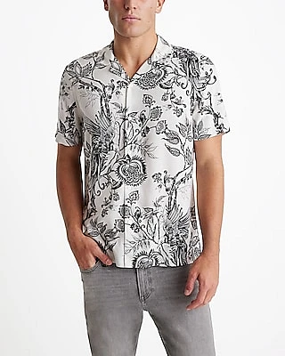 Floral Bird Print Rayon Short Sleeve Shirt White Men's S