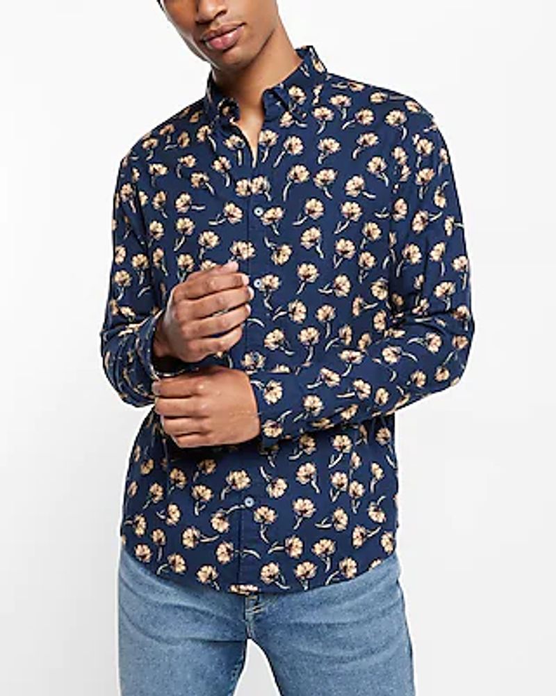 Floral Stretch Flannel Shirt Blue Men's