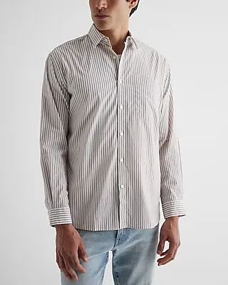 Relaxed Striped Stretch Cotton Shirt Brown Men's M Tall