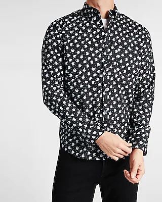 Floral Print Stretch Cotton Shirt Black Men's L