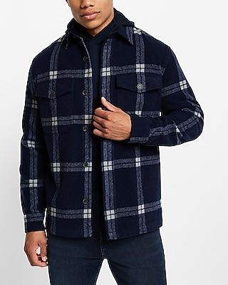 Wool-Blend Plaid Shirt Jacket Blue Men's XL