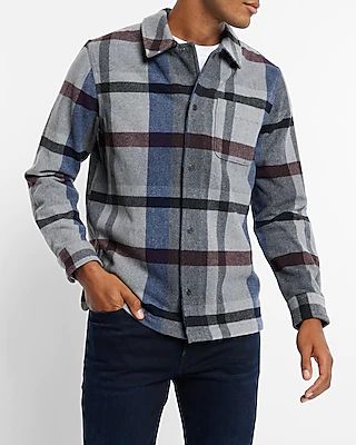 Plaid Wool-Blend Shirt Jacket Gray Men's XS