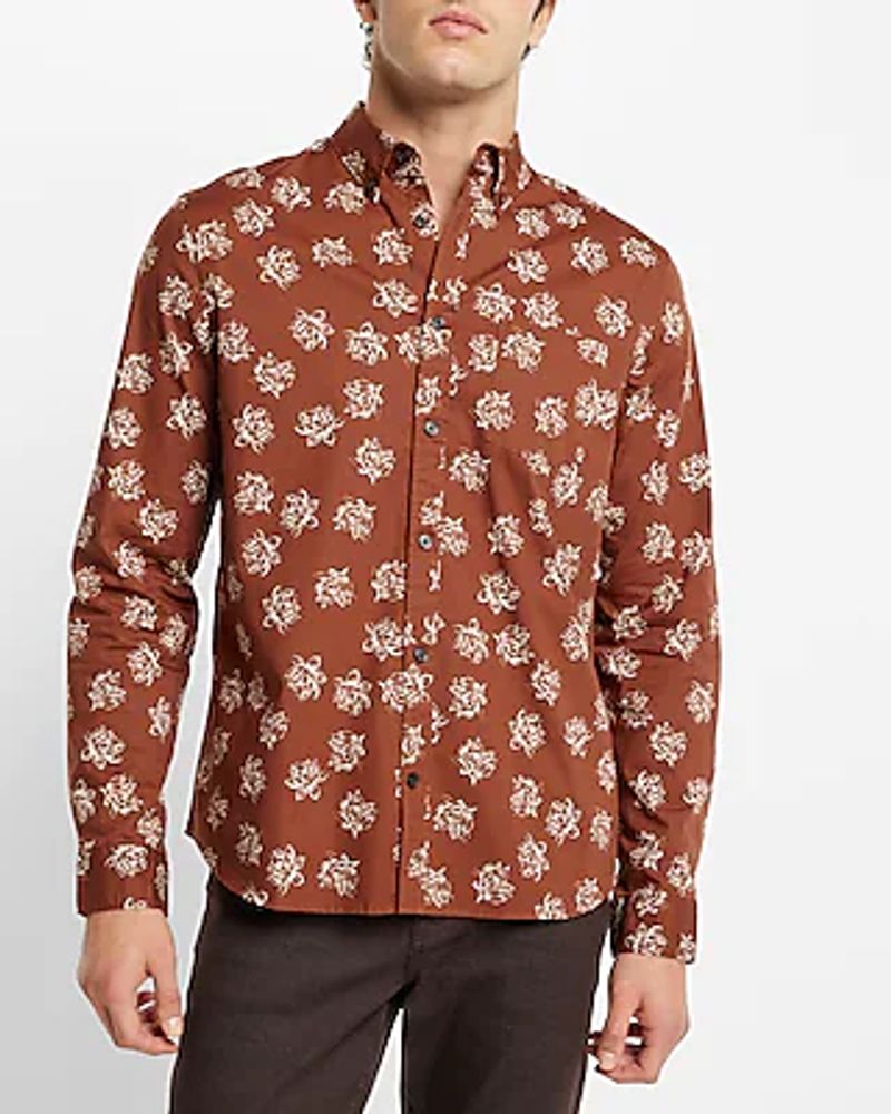 Floral Print Stretch Cotton Shirt Brown Men's M Tall