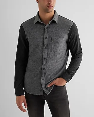 Color Block Sweater Flannel Shirt Gray Men's XL Tall