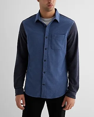 Color Block Sweater Flannel Shirt Blue Men