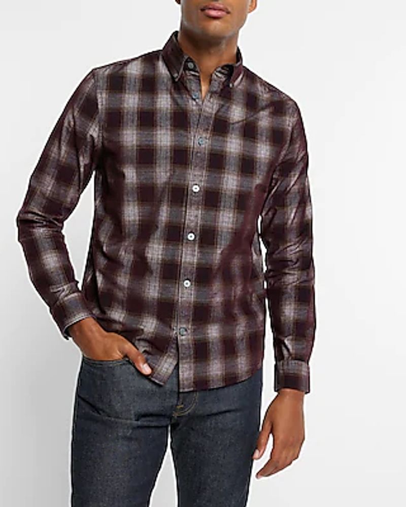 Plaid Stretch Corduroy Shirt Purple Men's XS