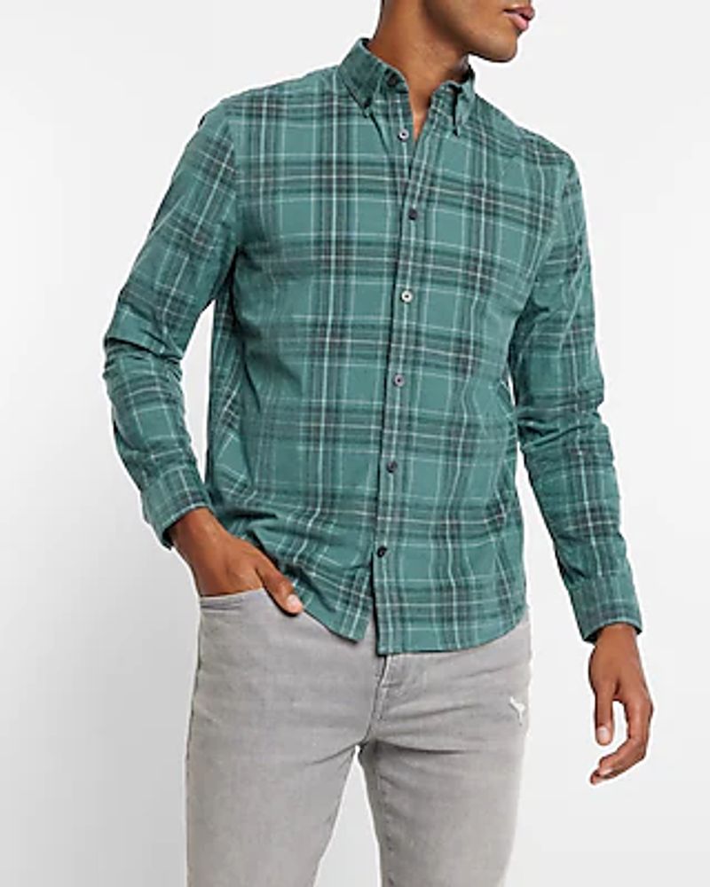 Plaid Stretch Corduroy Shirt Green Men's XS