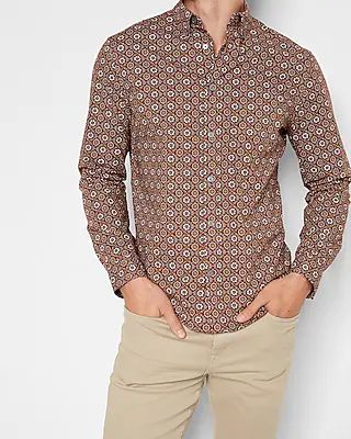 Geo Print Stretch Cotton Shirt Brown Men's XL