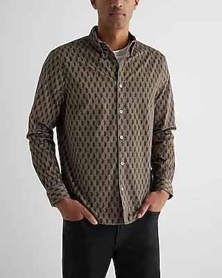 Hexagon Geo Print Stretch Corduroy Shirt Brown Men's S