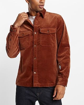 Solid Corduroy Shirt Jacket Brown Men's XL