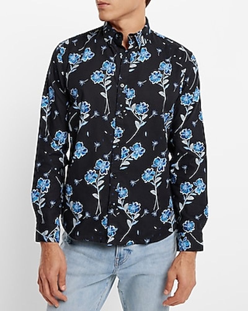 Floral Stretch Flannel Shirt Black Men's