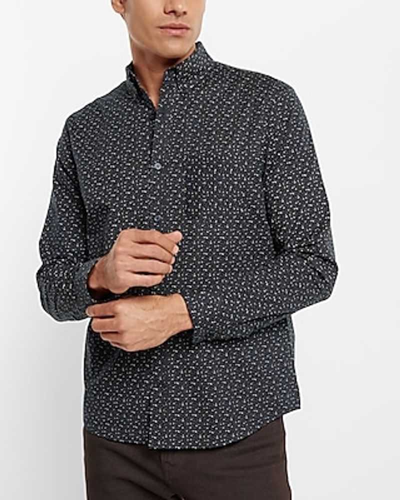 Leaf Print Stretch Cotton Shirt Blue Men's S