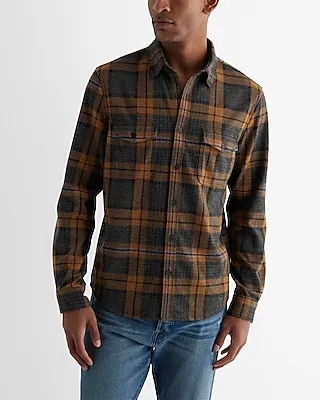 Plaid Double Pocket Sweater Flannel Shirt Gray Men's S