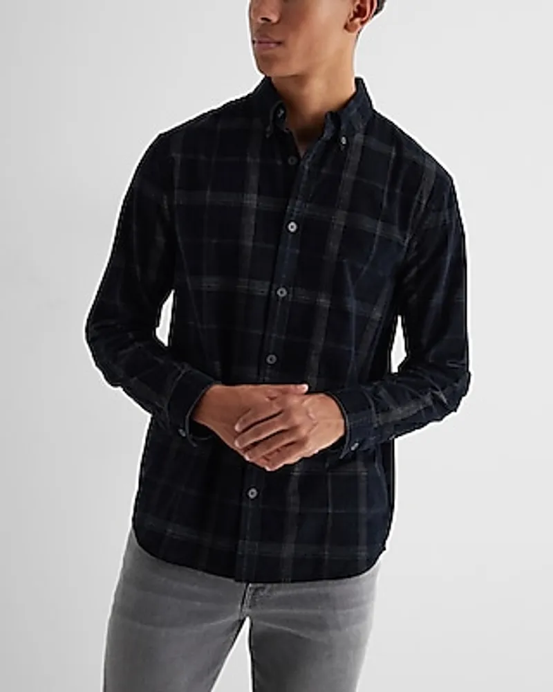 Plaid Stretch Corduroy Shirt Black Men's XS