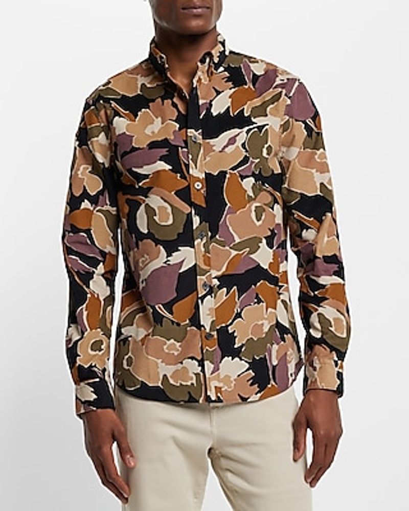 Floral Print Stretch Corduroy Shirt Black Men's M