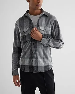 Plaid Double Pocket Sweater Flannel Shirt Black Men's XXL Tall