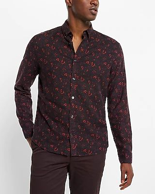 Floral Stretch Flannel Shirt Red Men's XL