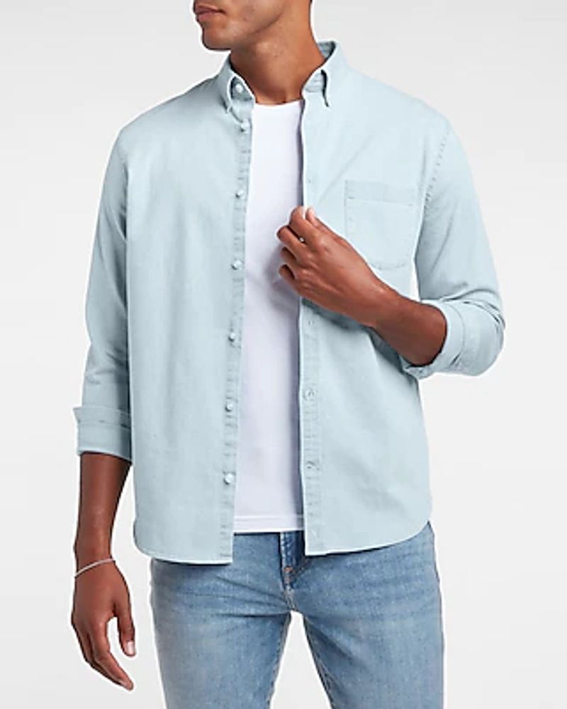 Men's Acid Wash Blue Pointed Collar Slim Fit Denim Shirt - JMOJO