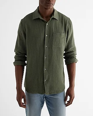 Crinkle Cotton Shirt Green Men's L Tall